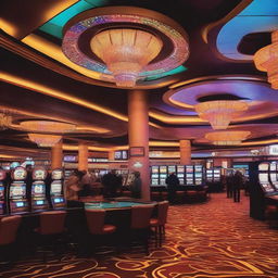 A vibrant and lively casino scene filled with people playing various games like poker, roulette, and slot machines