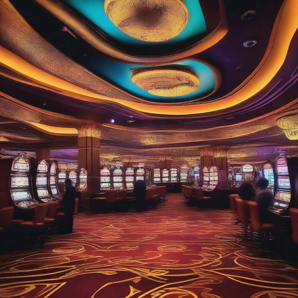 A vibrant and lively casino scene filled with people playing various games like poker, roulette, and slot machines