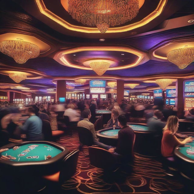 A vibrant and lively casino scene with people playing various games like poker, roulette, and slot machines