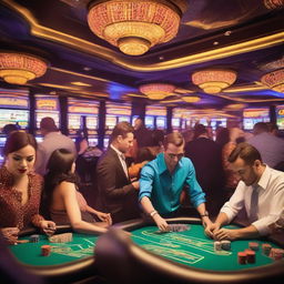 A vibrant and lively casino scene with people playing various games like poker, roulette, and slot machines