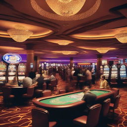 A vibrant and lively casino scene with people playing various games like poker, roulette, and slot machines