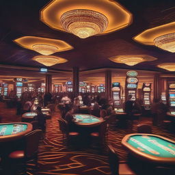 A vibrant and lively casino scene with people playing various games like poker, roulette, and slot machines