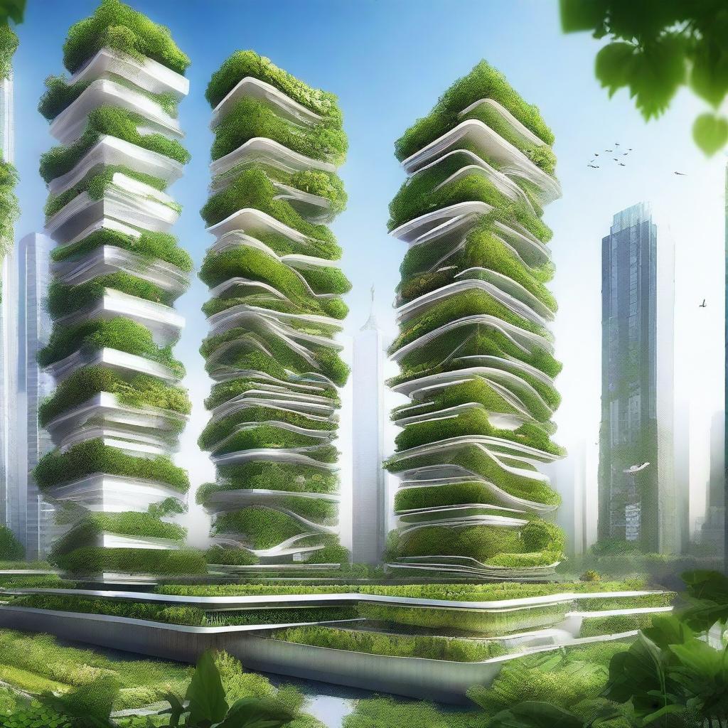 Create a digital artwork depicting a futuristic cityscape where skyscrapers are surrounded by lush green urban farms