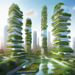 Create a digital artwork depicting a futuristic cityscape where skyscrapers are surrounded by lush green urban farms