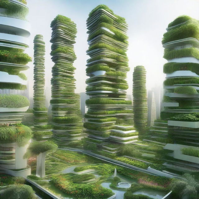 Create a digital artwork depicting a futuristic cityscape where skyscrapers are surrounded by lush green urban farms