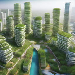 Create a digital artwork depicting a futuristic cityscape where skyscrapers are surrounded by lush green urban farms