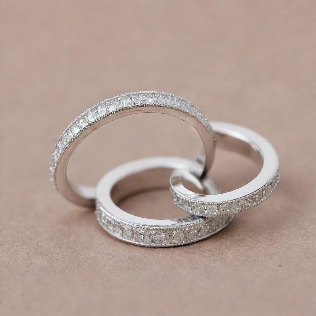 Two matching silver engagement rings encrusted with sparkling diamonds. One ring features an exquisite design of the letter 'J' and the other echoes this design but with the letter 'R'.