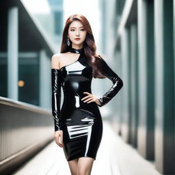 A stylish Korean woman wearing a sexy latex dress