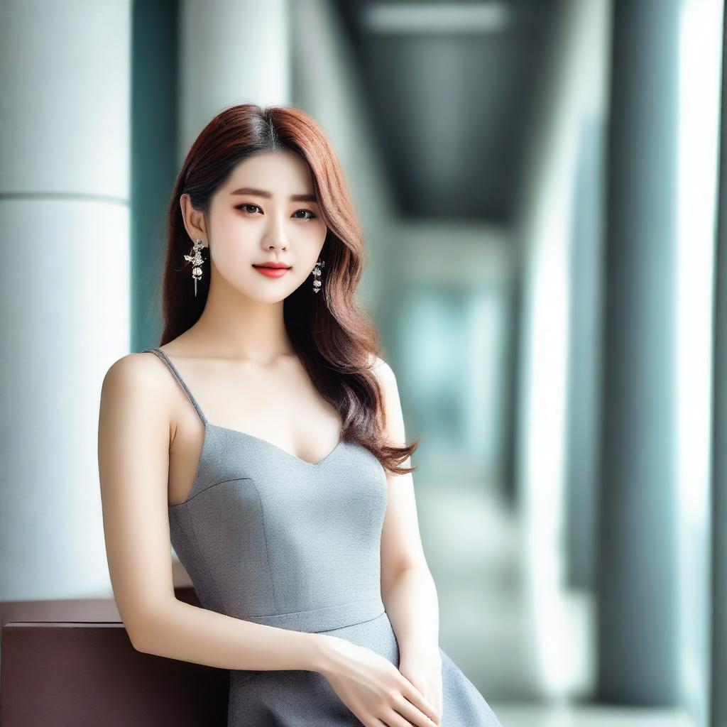 A stylish Korean girl wearing a fashionable and elegant dress, posing confidently