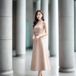 A stylish Korean girl wearing a fashionable and elegant dress, posing confidently