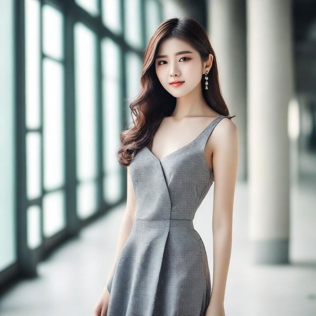 A stylish Korean girl wearing a fashionable and elegant dress, posing confidently