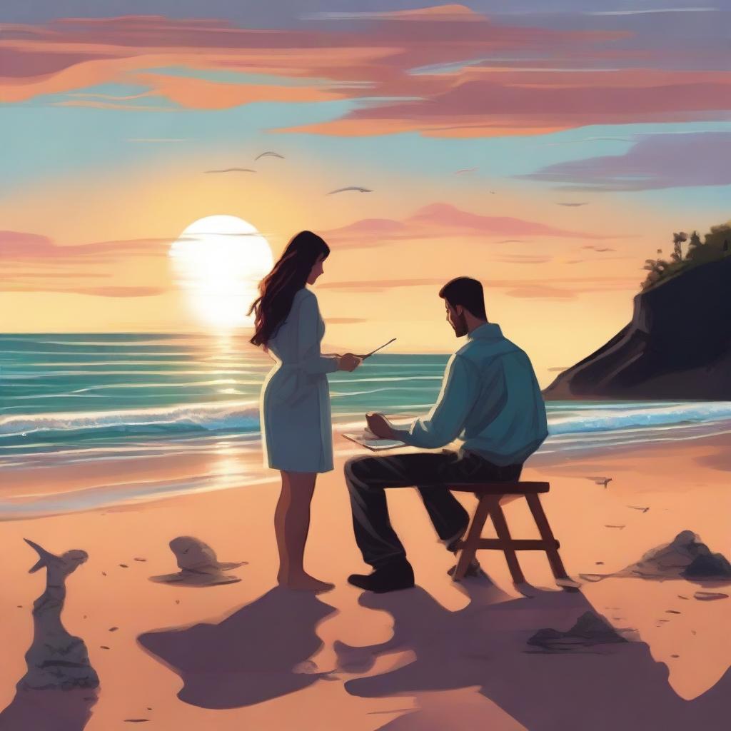 A romantic scene on a beach featuring an artist and a marine biologist couple