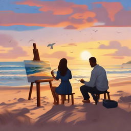 A romantic scene on a beach featuring an artist and a marine biologist couple