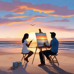 A romantic scene on a beach featuring an artist and a marine biologist couple