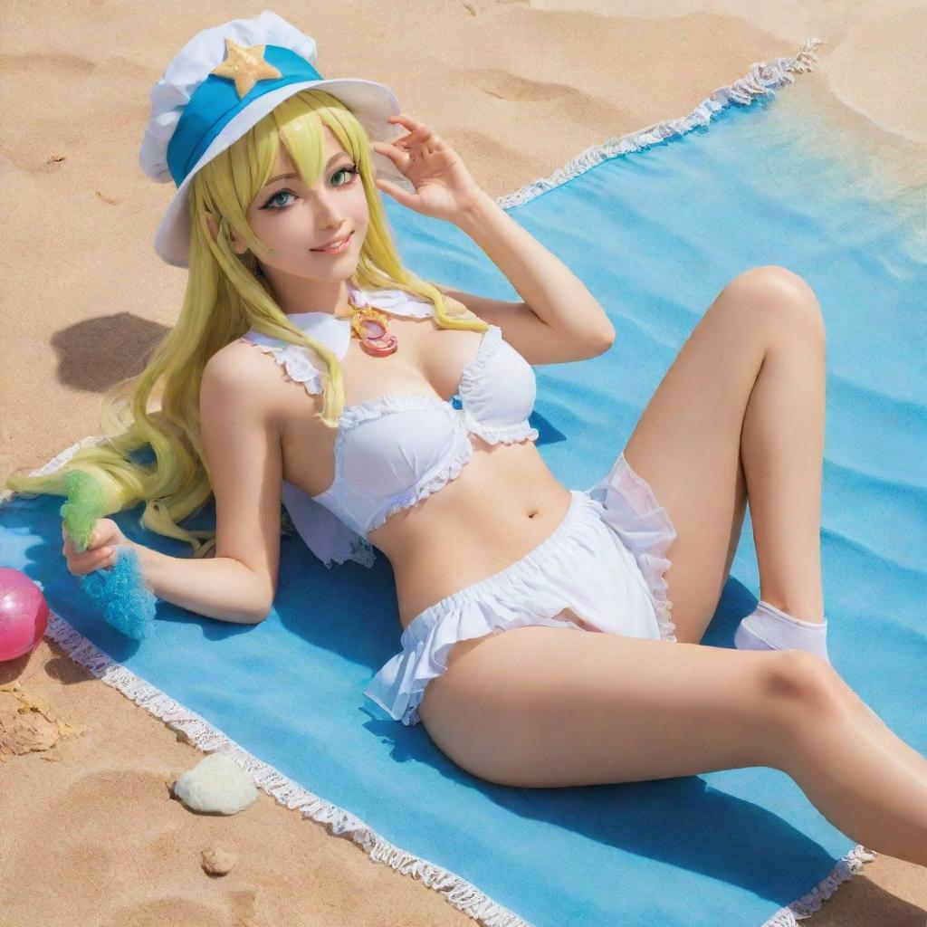 Anime character, Dragon Maid Lucoa, lounging on a sunny, vibrant beach, with sparkling blue waters and golden sand.