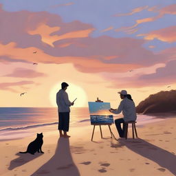 A romantic scene on a beach featuring an artist and a marine biologist couple