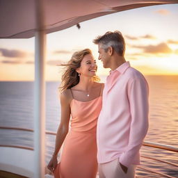 A romantic couple enjoying a cruise on a luxurious ship