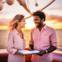 A young couple of artists enjoying a cruise on a luxurious ship