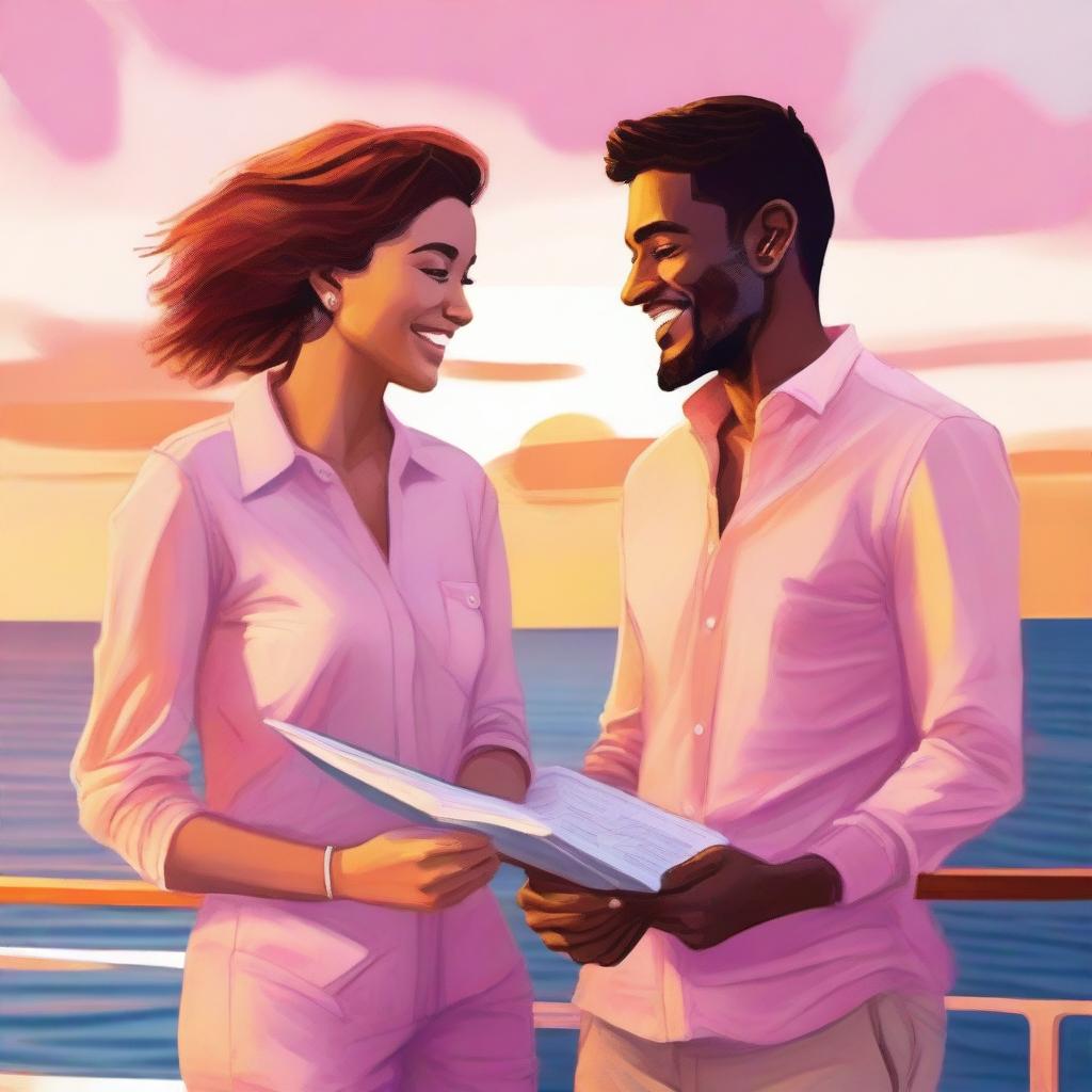 A young couple of artists enjoying a cruise on a luxurious ship