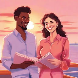 A young couple of artists enjoying a cruise on a luxurious ship