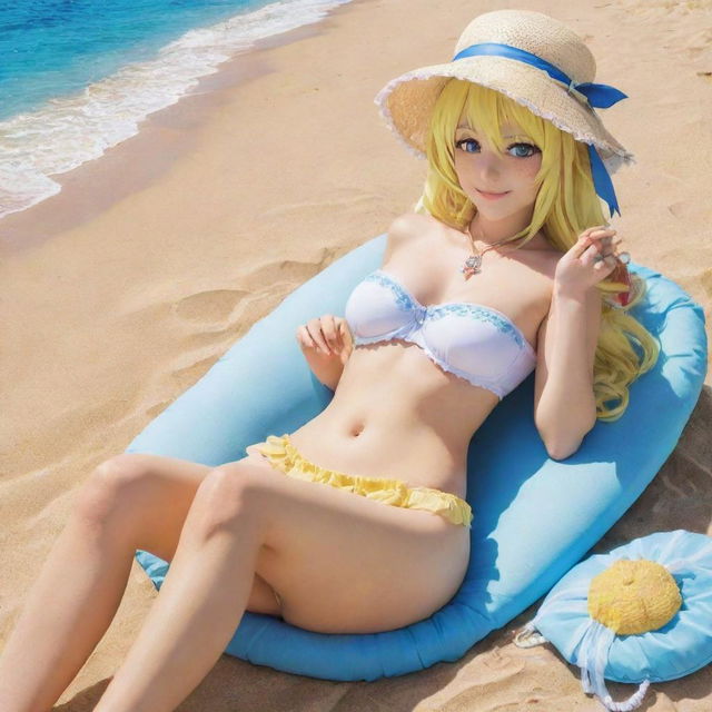 Anime character, Dragon Maid Lucoa, lounging on a sunny, vibrant beach, with sparkling blue waters and golden sand.