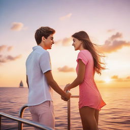 A teenage couple enjoying a cruise on a luxurious ship