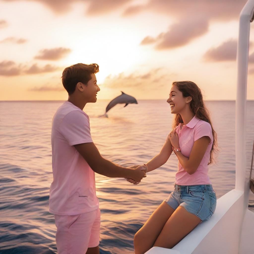 A teenage couple enjoying a cruise on a luxurious ship