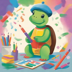 A book cover featuring a whimsical turtle surrounded by various art supplies like paintbrushes, sketchbooks, and palettes