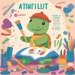 A book cover featuring a whimsical turtle surrounded by various art supplies like paintbrushes, sketchbooks, and palettes