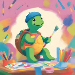 A book cover featuring a whimsical turtle surrounded by various art supplies like paintbrushes, sketchbooks, and palettes