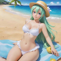 Anime character, Dragon Maid Lucoa, lounging on a sunny, vibrant beach, with sparkling blue waters and golden sand.