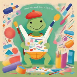 A book cover featuring a whimsical turtle surrounded by various art supplies like paintbrushes, sketchbooks, and palettes