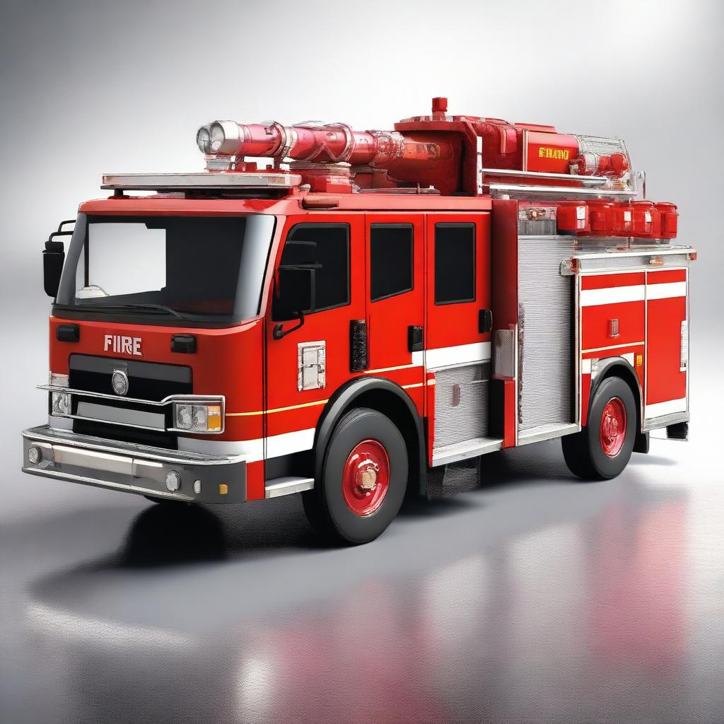 A detailed and realistic image of a fire fighting vehicle, showcasing its various features such as the water hose, ladders, and emergency lights