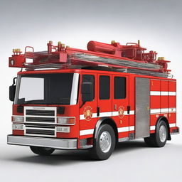 A detailed and realistic image of a fire fighting vehicle, showcasing its various features such as the water hose, ladders, and emergency lights