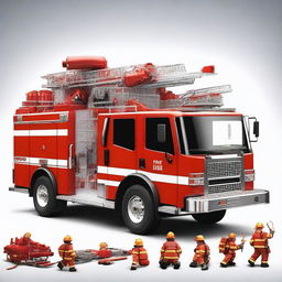 A detailed and realistic image of a fire fighting vehicle, showcasing its various features such as the water hose, ladders, and emergency lights