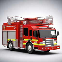 A detailed and realistic image of a fire fighting vehicle, showcasing its various features such as the water hose, ladders, and emergency lights