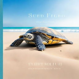 A book cover featuring a realistic turtle on a pristine beach