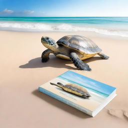 A book cover featuring a realistic turtle on a pristine beach