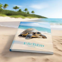 A book cover featuring a realistic turtle on a pristine beach