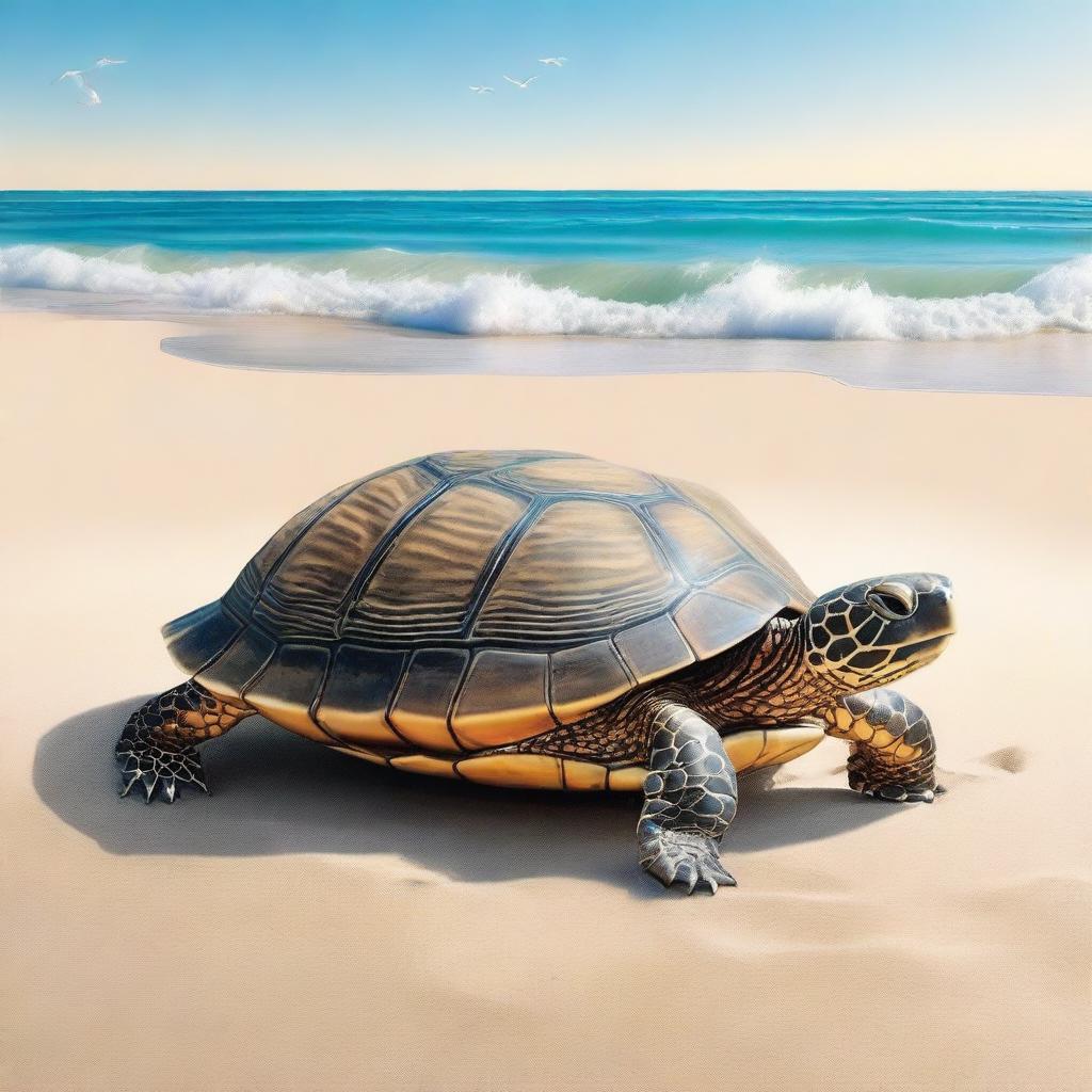 A book cover featuring a realistic turtle on a pristine beach