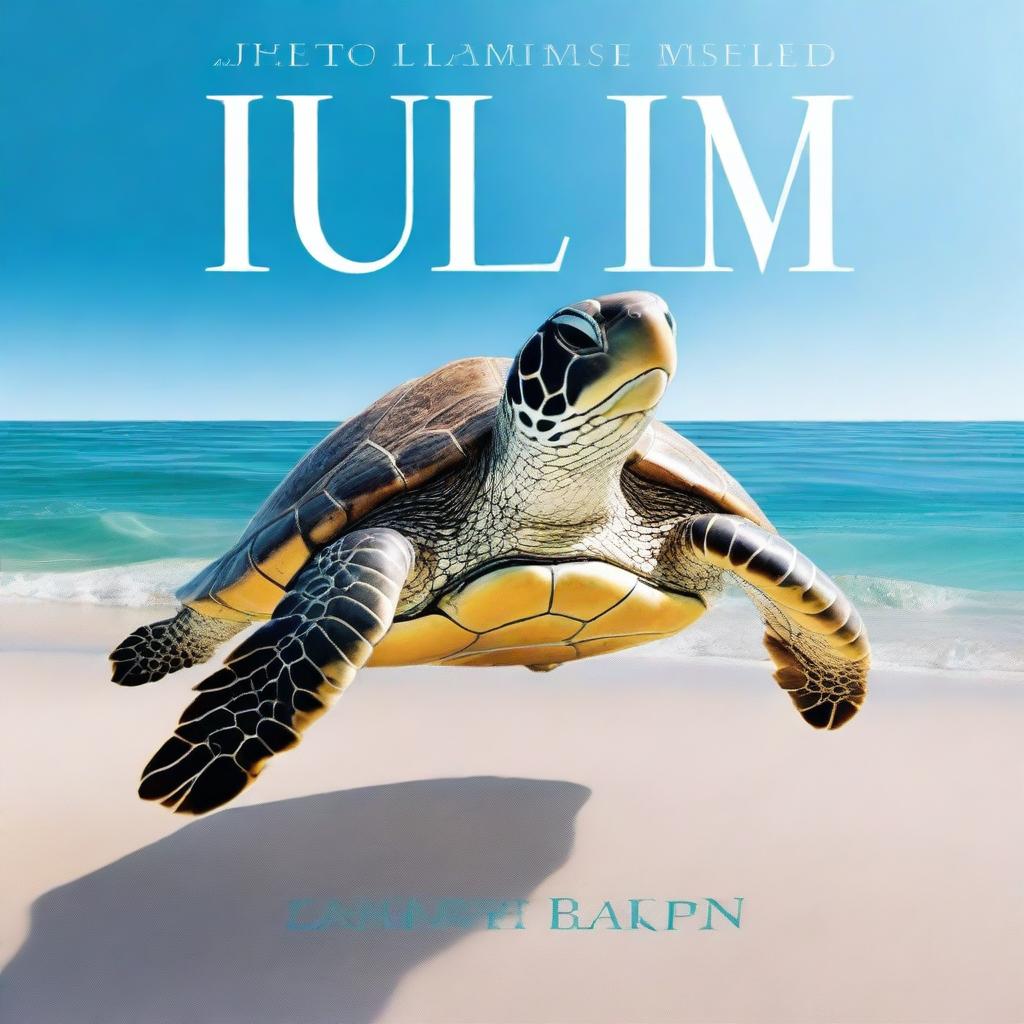 A book cover featuring a realistic turtle swimming in the clear, shallow waters of a beach