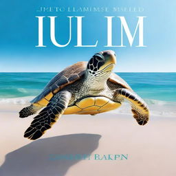 A book cover featuring a realistic turtle swimming in the clear, shallow waters of a beach