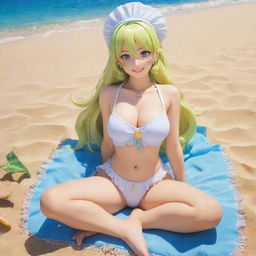 Anime character, Dragon Maid Lucoa, lounging on a sunny, vibrant beach, with sparkling blue waters and golden sand.