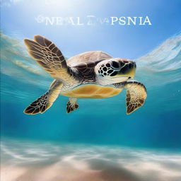 A book cover featuring a realistic turtle swimming in the clear, shallow waters of a beach