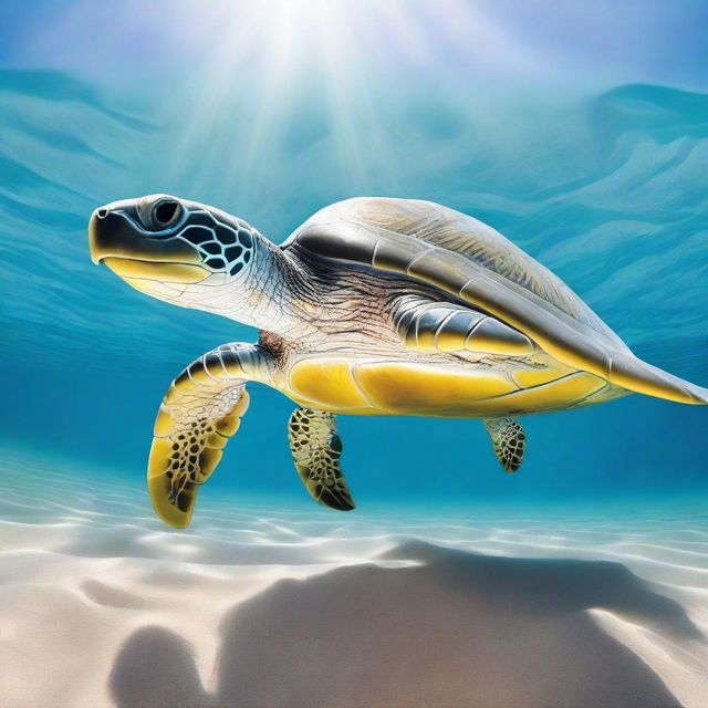 A book cover featuring a realistic turtle swimming in the clear, shallow waters of a beach