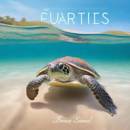 A book cover featuring a realistic turtle swimming in the clear, shallow waters of a beach