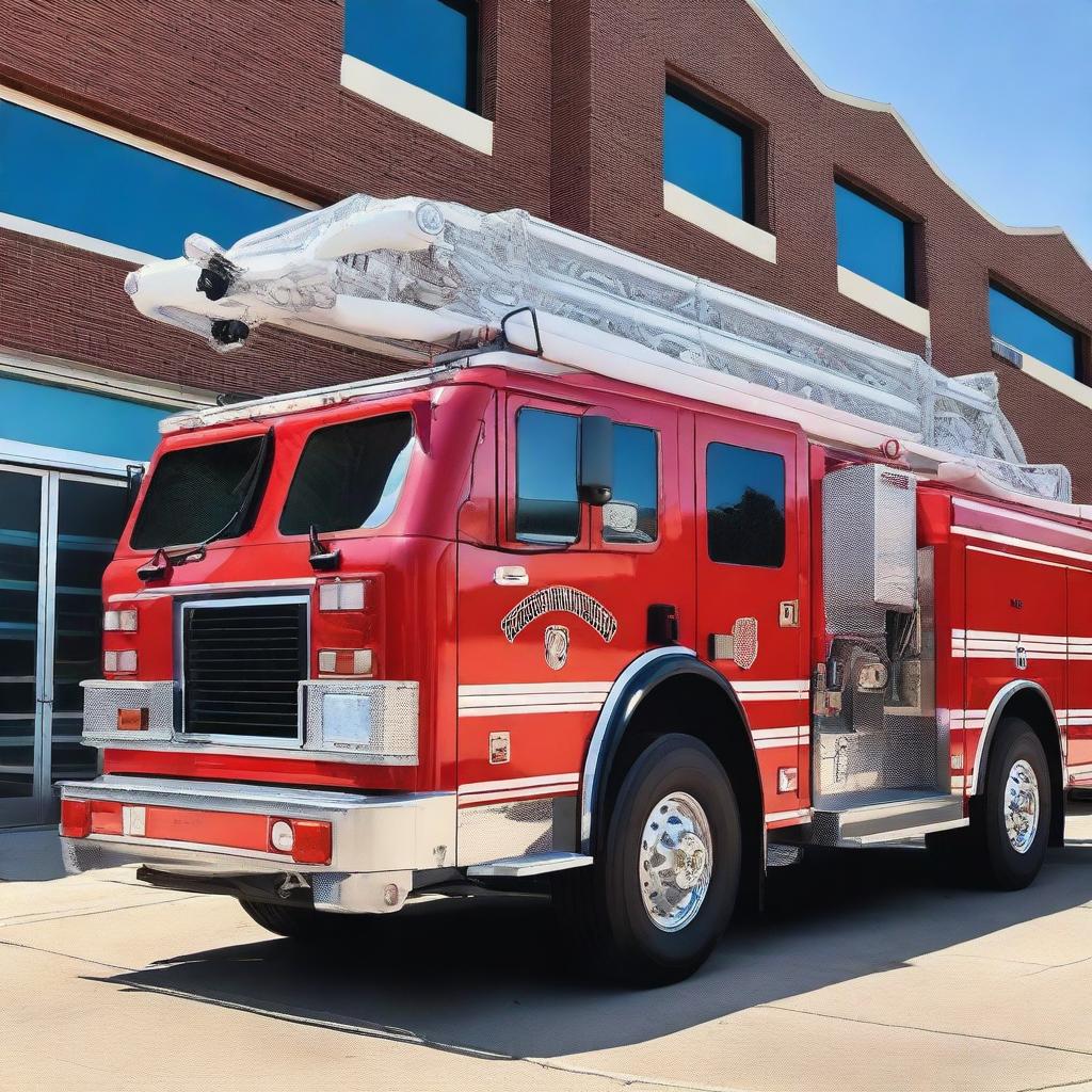 A detailed image of a modern fire fighting truck with bright red color, equipped with hoses, ladders, and emergency lights