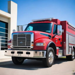 A detailed image of a modern fire fighting truck with bright red color, equipped with hoses, ladders, and emergency lights