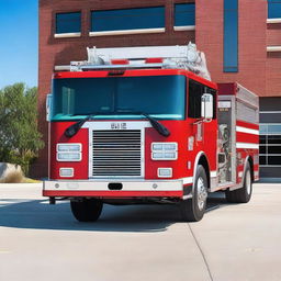 A detailed image of a modern fire fighting truck with bright red color, equipped with hoses, ladders, and emergency lights