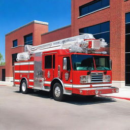 A detailed image of a modern fire fighting truck with bright red color, equipped with hoses, ladders, and emergency lights